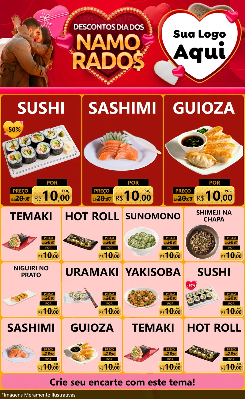 Modelo de Encarte para Encarte Grande com o tema Descontos Dia dos Namorados para Comida japonesa