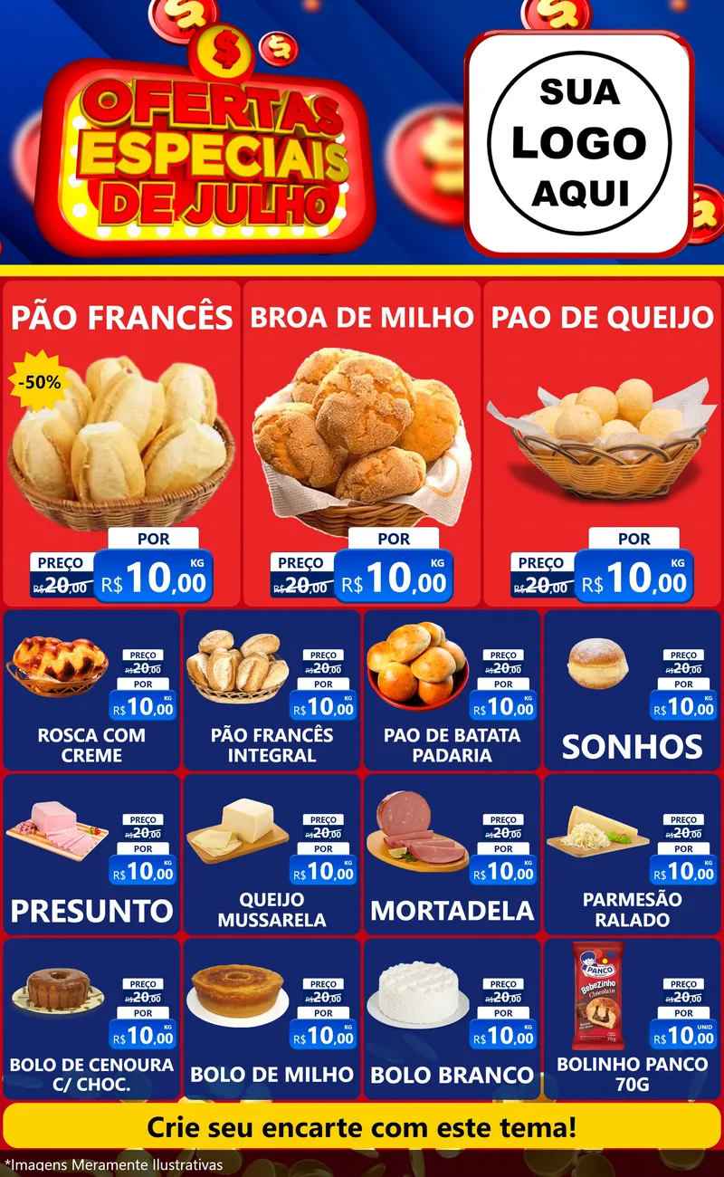 Modelo de Encarte para Encarte Grande com o tema Ofertas Especiais de Julho para Padaria