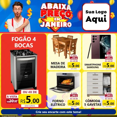 Modelo de Rede Social para Feed Facebook com o tema Abaixa Preço em Janeiro para Móveis e Eletro