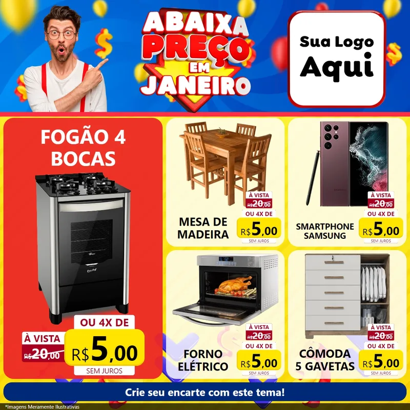 Modelo de Rede Social para Feed Facebook com o tema Abaixa Preço em Janeiro para Móveis e Eletro