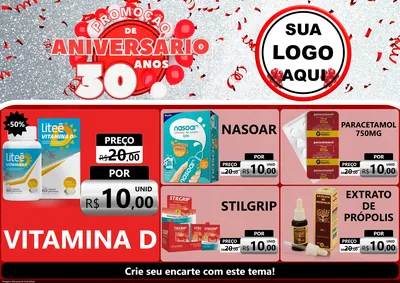 Modelo de Encarte para Encarte A4 Horizontal com o tema Promoção de Aniversário - 30 Anos para Farmácia