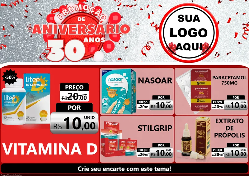 Modelo de Encarte para Encarte A4 Horizontal com o tema Promoção de Aniversário - 30 Anos para Farmácia