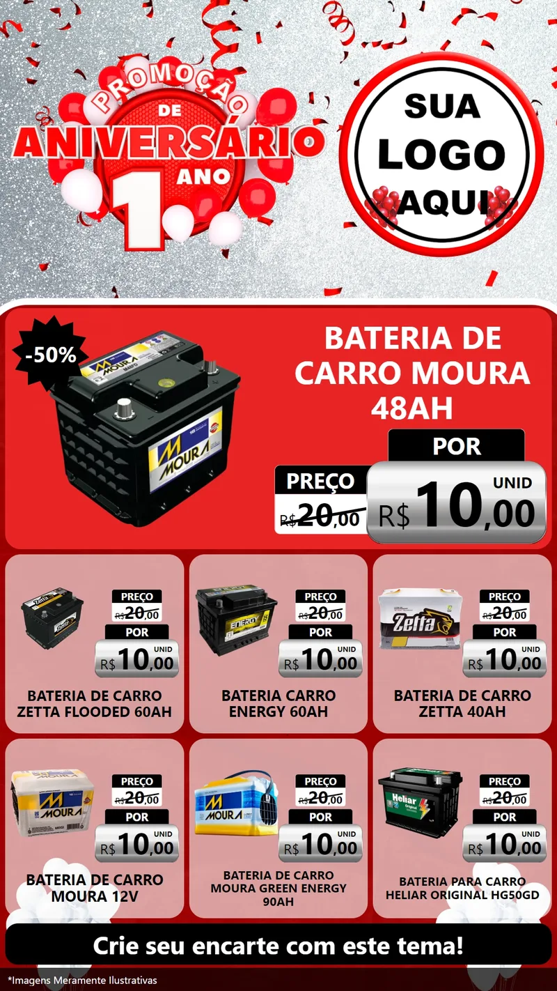 Modelo de Rede Social para Stories com o tema Promoção de Aniversário - 1 Ano para Baterias Elétricas