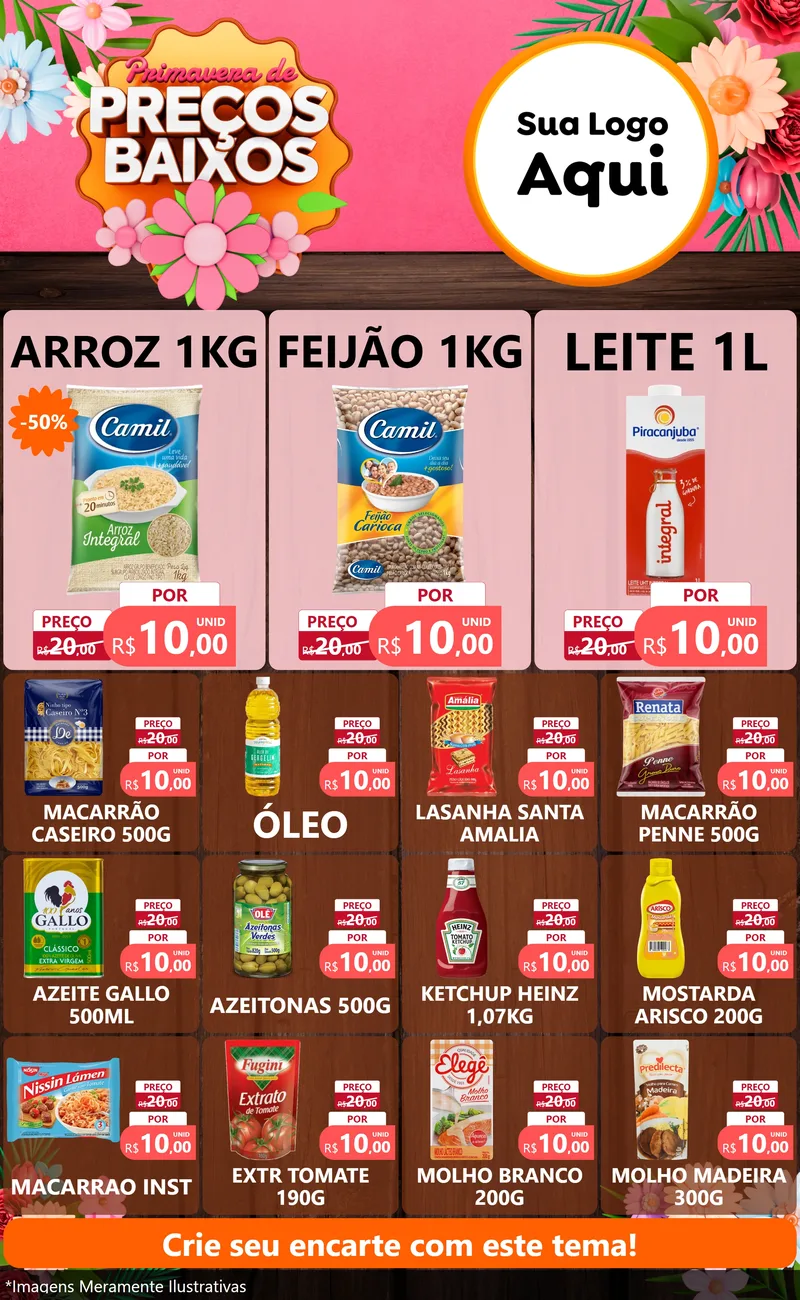 Modelo de Encarte para Encarte Grande com o tema Primavera de Preços Baixos para Supermercado