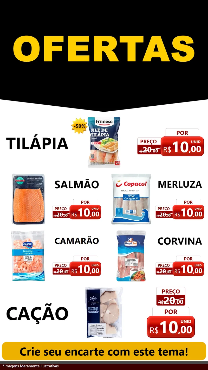Modelo de TV para TV Vertical com o tema Ofertas Preto e Vermelho Cartaz para Peixaria