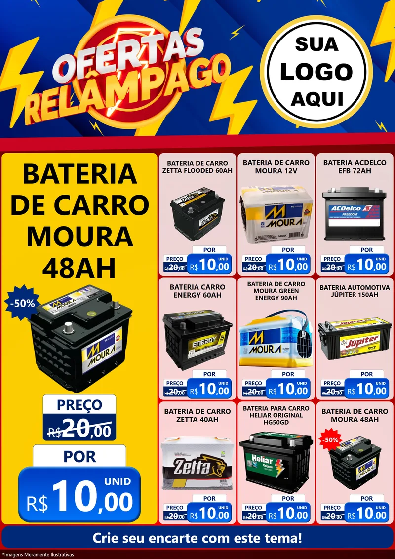 Modelo de Encarte para Encarte A4 Vertical com o tema Ofertas Relâmpago para Baterias Elétricas