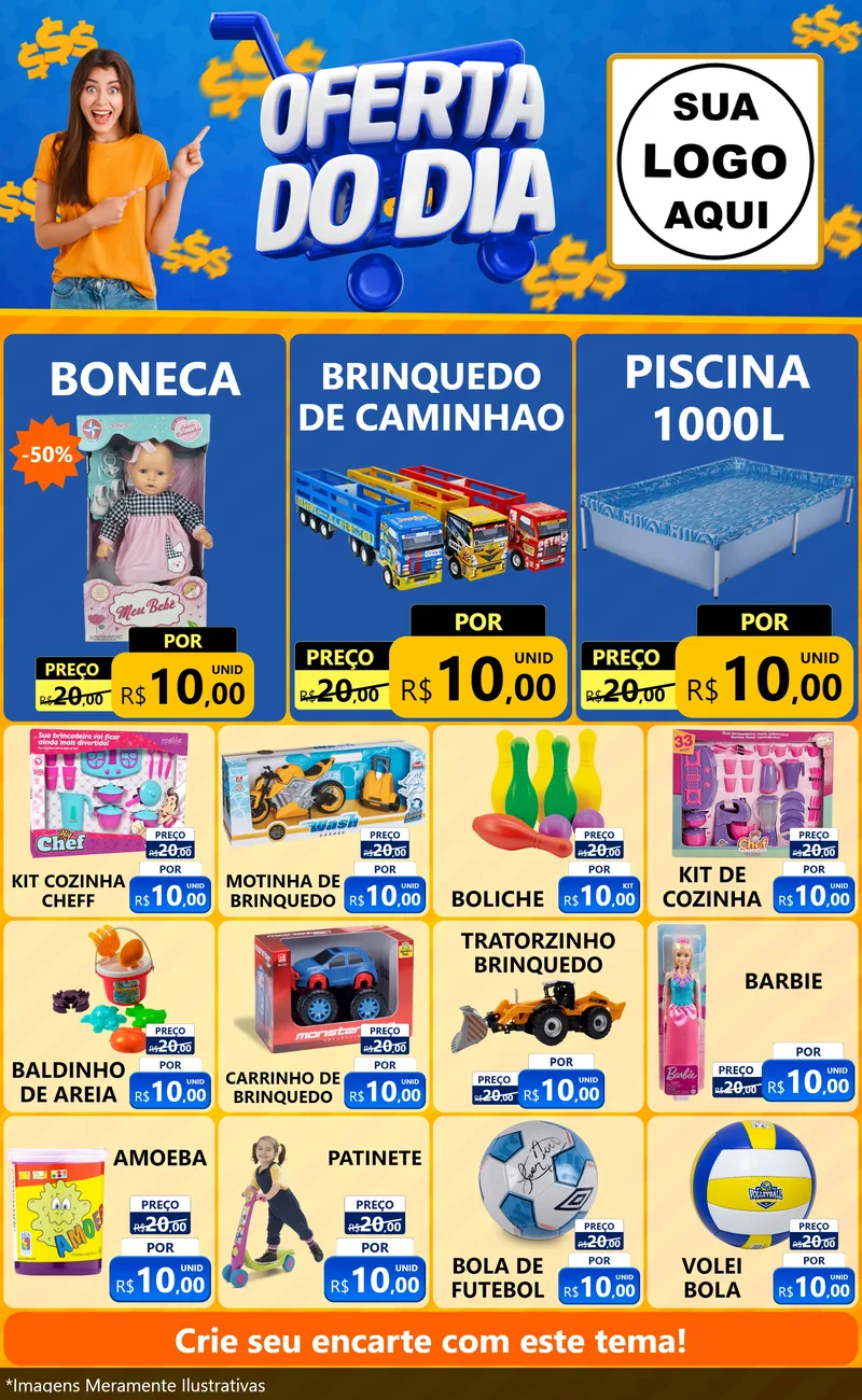 Modelo de Encarte para Encarte Grande com o tema Oferta do Dia para Brinquedos