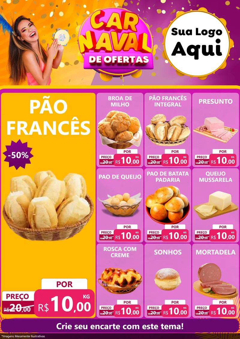 Modelo de Encarte para Encarte A4 Vertical com o tema Carnaval de Ofertas para Padaria