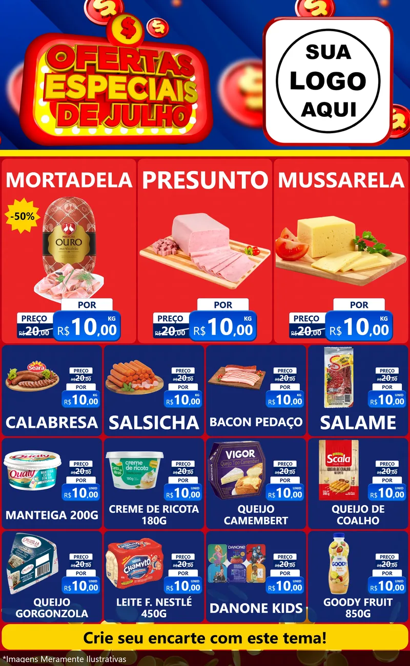 Modelo de Encarte para Encarte Grande com o tema Ofertas Especiais de Julho para Frios e Laticínios