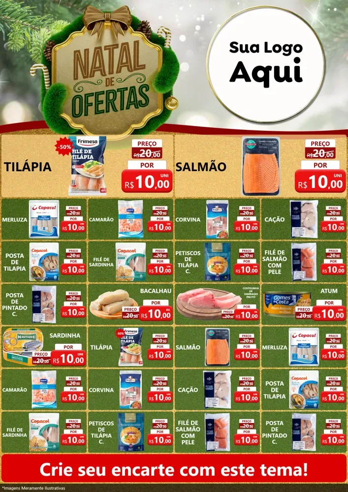 Modelo de Encarte para Encarte A4 Vertical com o tema Ofertas de Natal para Peixaria