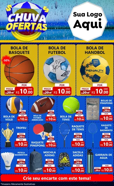 Modelo de Encarte para Encarte Grande com o tema Chuva de Ofertas para Artigos Esportivos