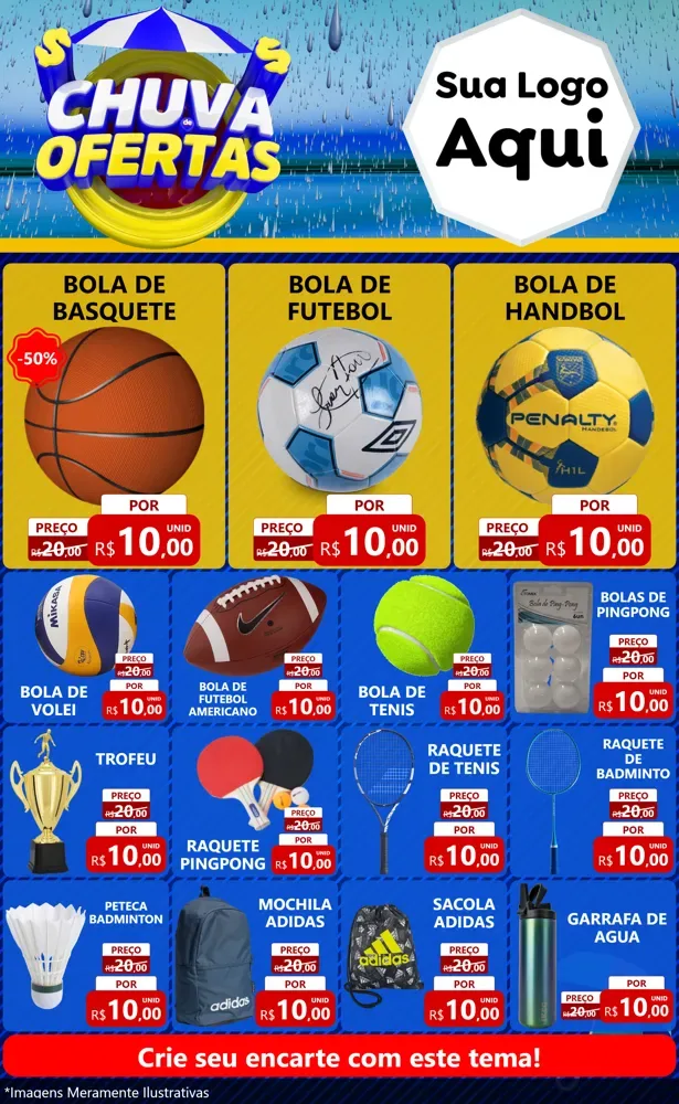 Modelo de Encarte para Encarte Grande com o tema Chuva de Ofertas para Artigos Esportivos