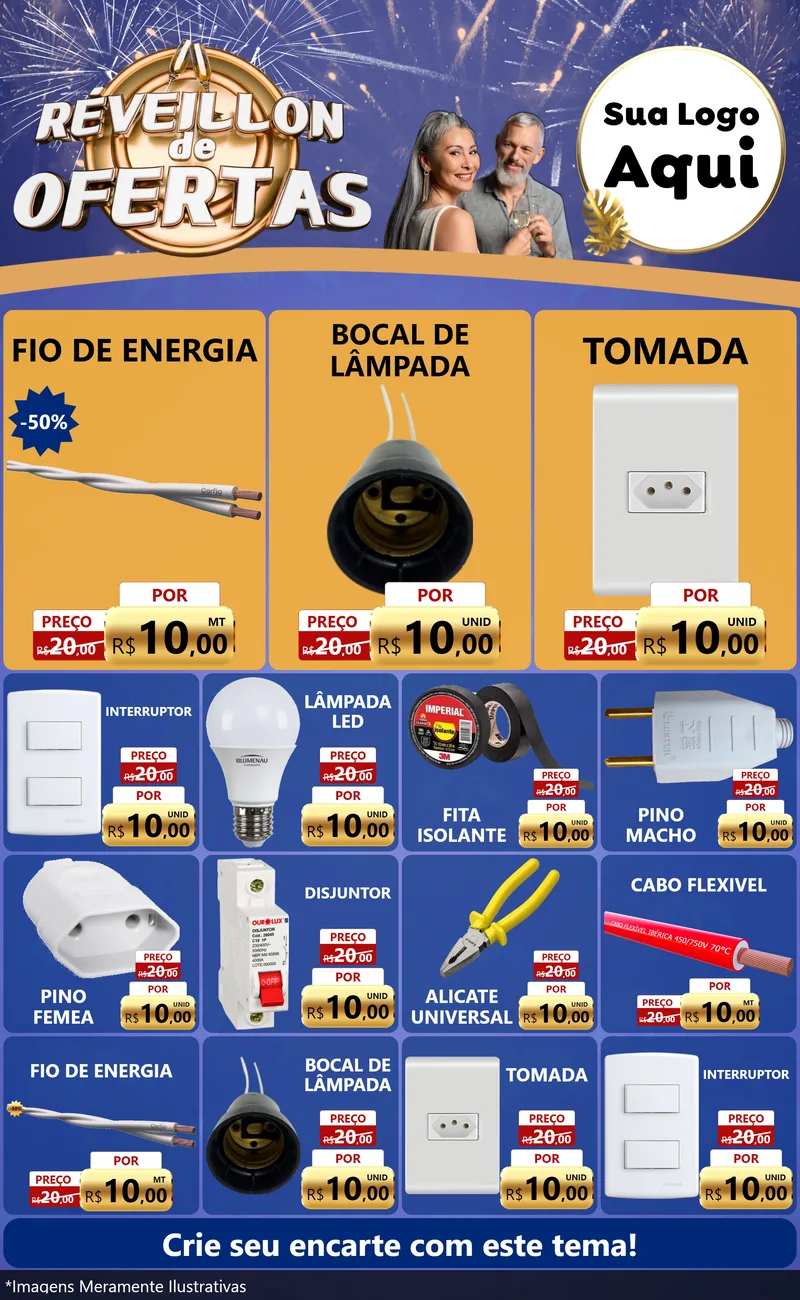 Modelo de Encarte para Encarte Grande com o tema Réveillon de Ofertas para Materiais Elétricos