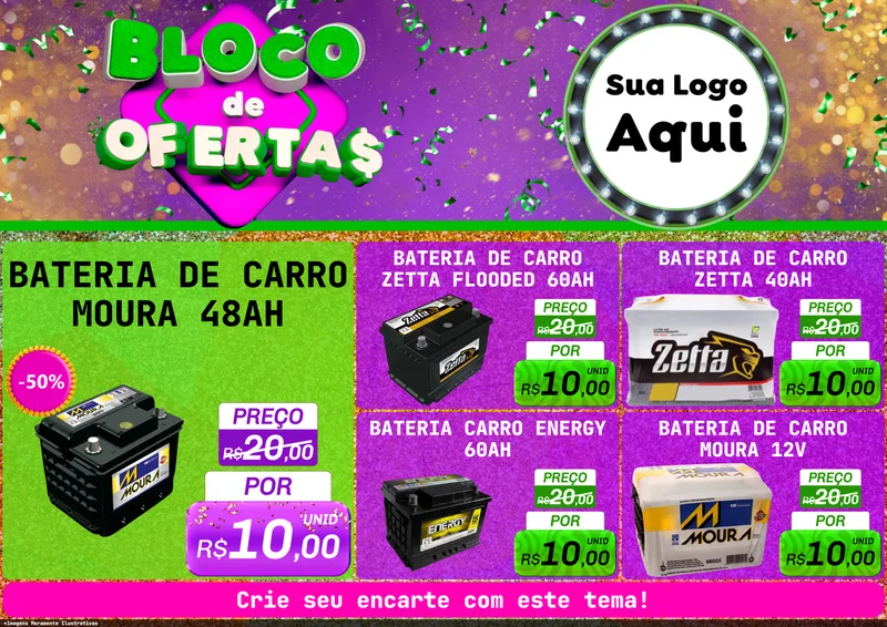 Modelo de Encarte para Encarte A4 Horizontal com o tema Bloco de Ofertas para Baterias Elétricas