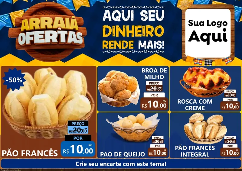 Modelo de Encarte para Encarte A4 Horizontal com o tema Arraiá de Ofertas - Junina para Padaria