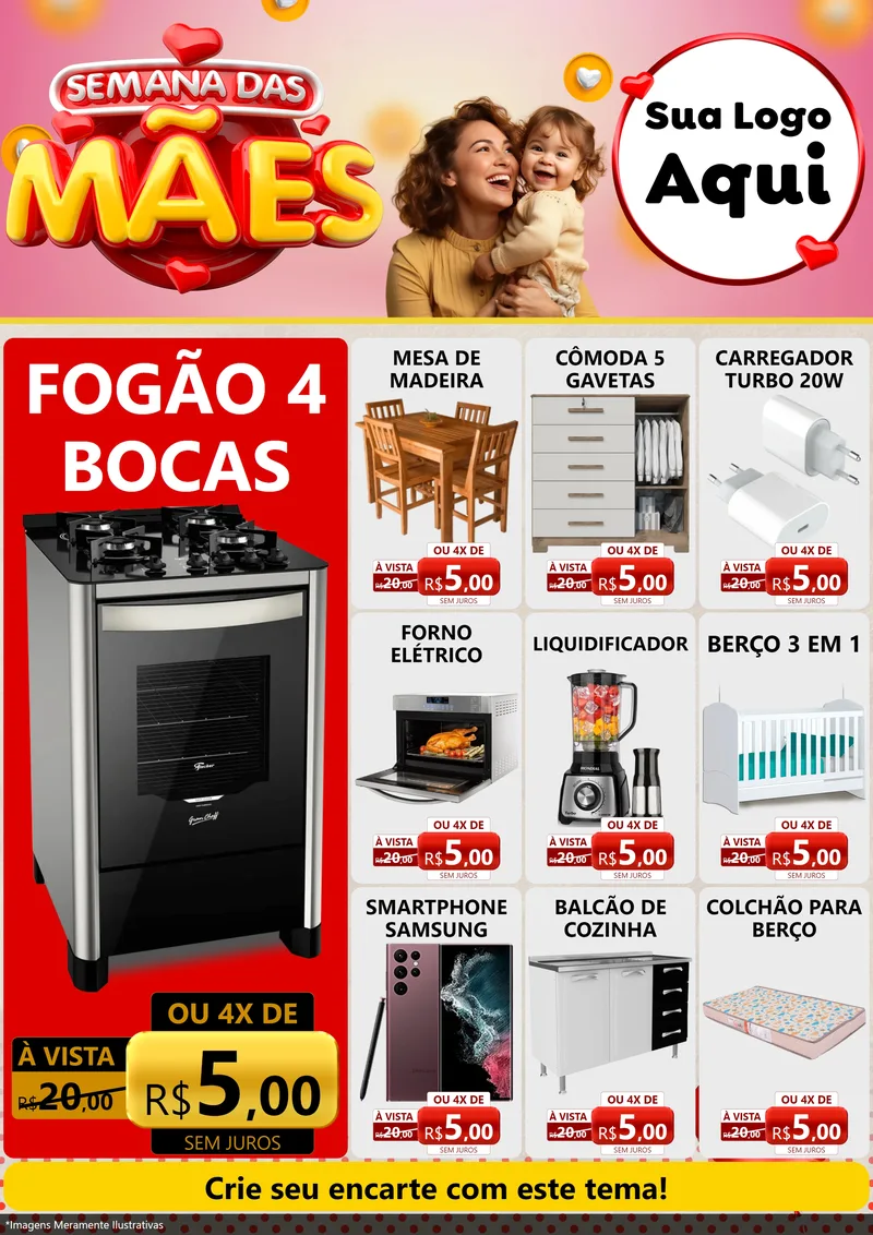 Modelo de Encarte para Encarte A4 Vertical com o tema Semana das Mães para Móveis e Eletro
