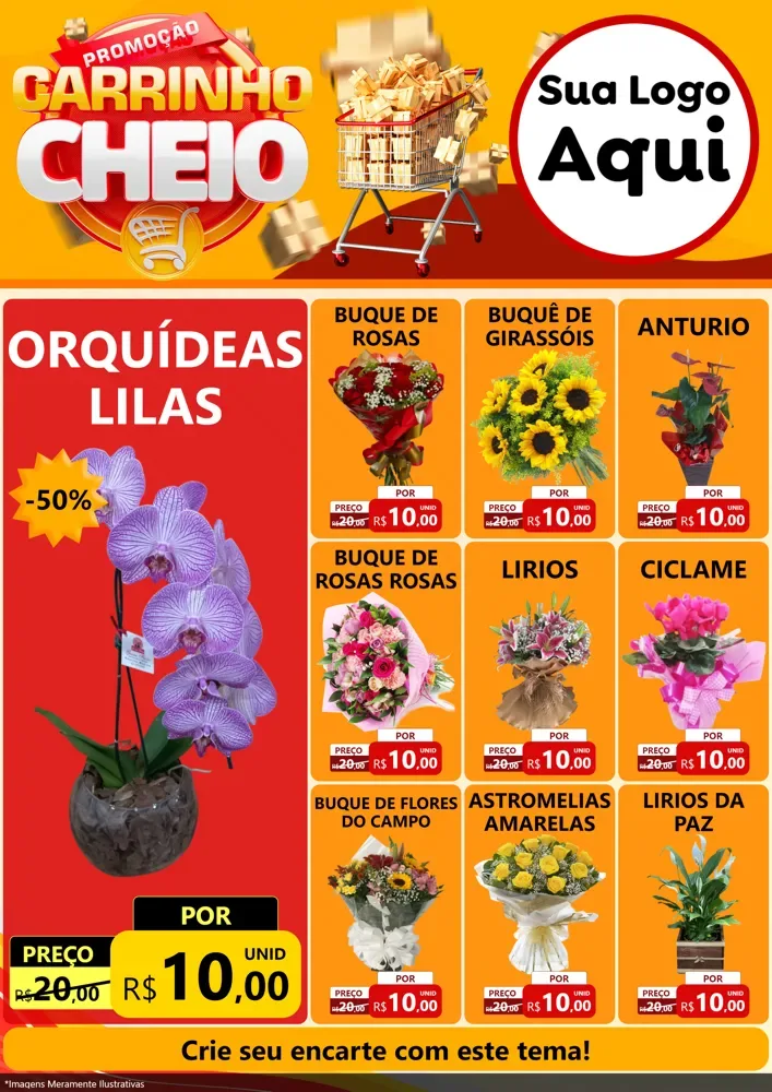 Modelo de Encarte para Encarte A4 Vertical com o tema Promoção carrinho cheio para Floricultura e jardim