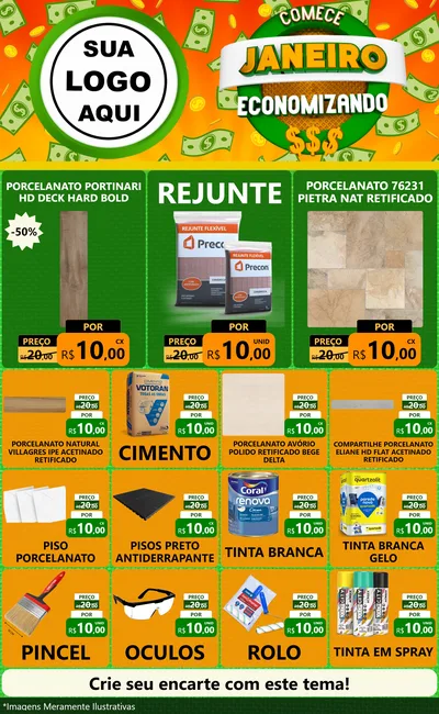Modelo de Encarte para Encarte Grande com o tema Comece Janeiro Economizando para Pisos e revestimentos