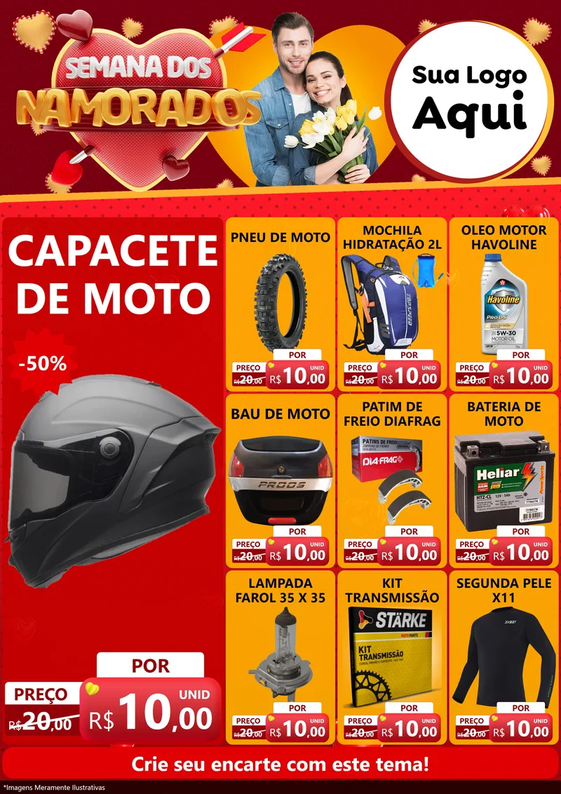 Modelo de Encarte para Encarte A4 Vertical com o tema Semana dos Namorados para Moto peças
