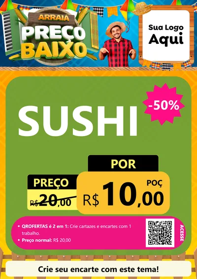 Modelo de Cartaz para Cartaz A4 Vertical com o tema Arraiá de Preço Baixo - Junina para Comida japonesa