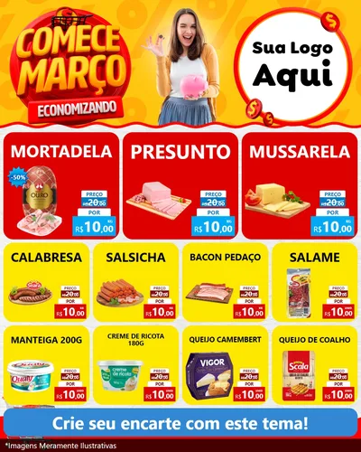 Modelo de Rede Social para Feed Instagram com o tema Comece Março Economizando para Frios e Laticínios