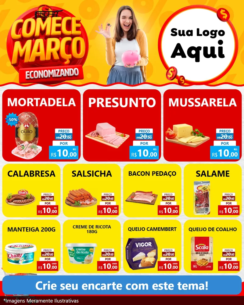 Modelo de Rede Social para Feed Instagram com o tema Comece Março Economizando para Frios e Laticínios