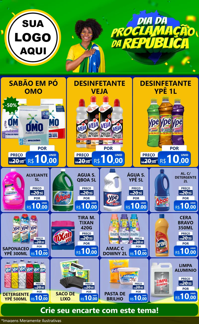 Modelo de Encarte para Encarte Grande com o tema Dia Da Proclamação Da República para Produtos de Limpeza