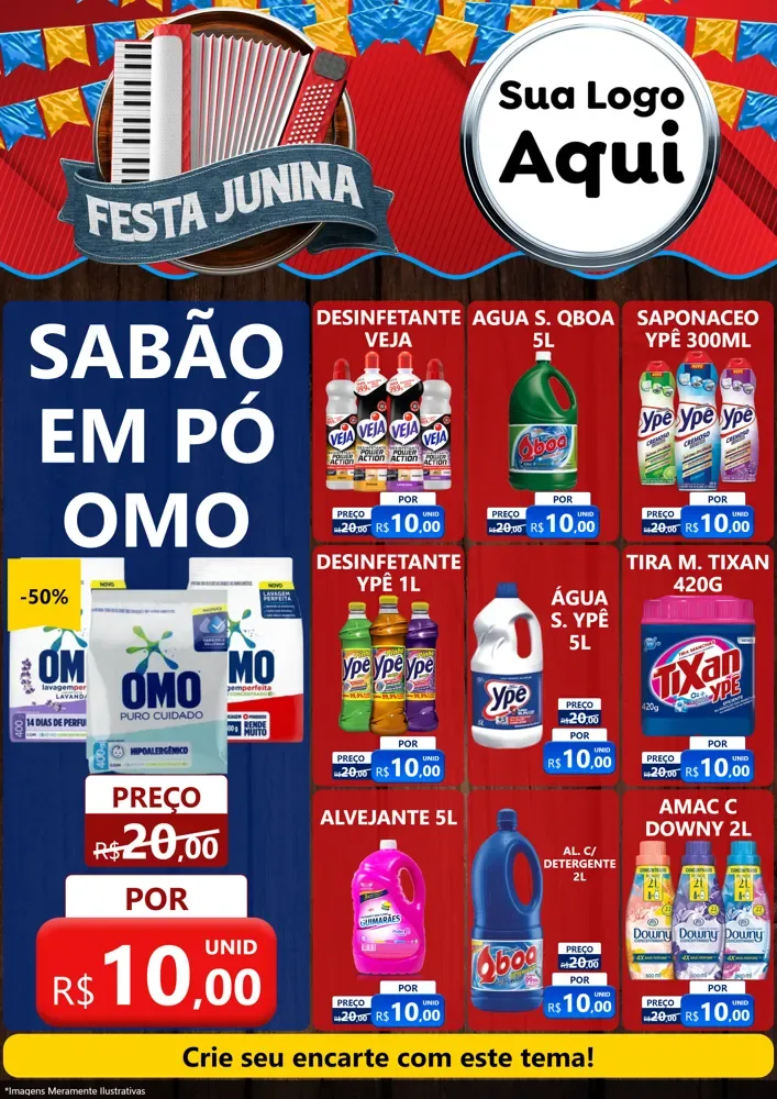 Modelo de Encarte para Encarte A4 Vertical com o tema Festa Junina para Produtos de Limpeza