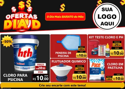 Modelo de Encarte para Encarte A4 Horizontal com o tema Ofertas Dia D para Produtos para Piscina