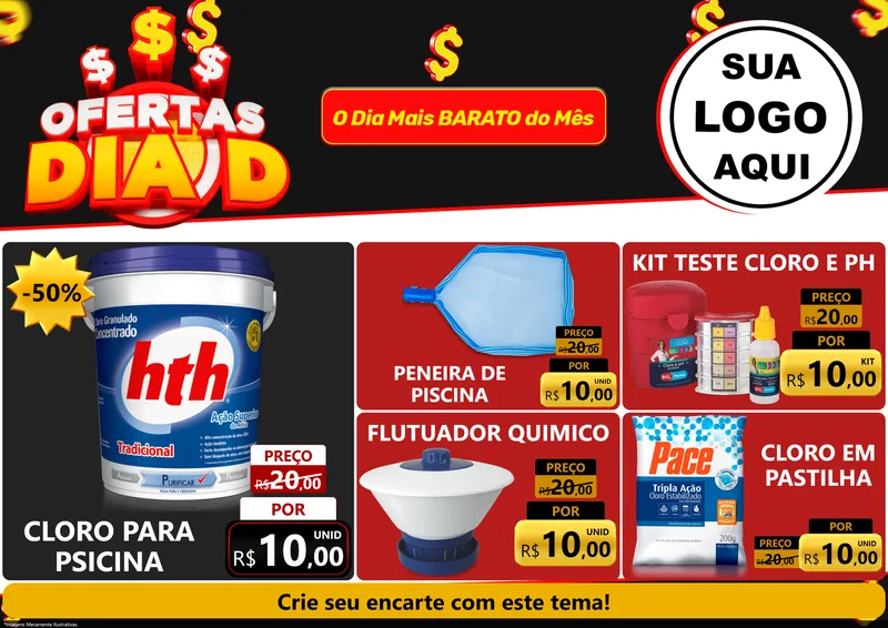 Modelo de Encarte para Encarte A4 Horizontal com o tema Ofertas Dia D para Produtos para Piscina