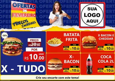 Modelo de Encarte para Encarte A4 Horizontal com o tema Ofertas de Fevereiro - Preços Incríveis para Hamburgueria