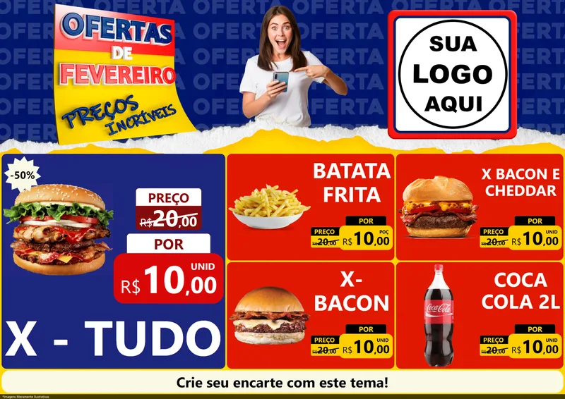 Modelo de Encarte para Encarte A4 Horizontal com o tema Ofertas de Fevereiro - Preços Incríveis para Hamburgueria