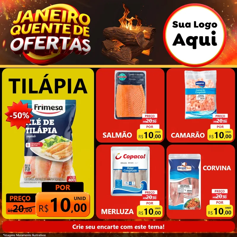 Modelo de Rede Social para Feed Facebook com o tema Janeiro Quente de Ofertas para Peixaria