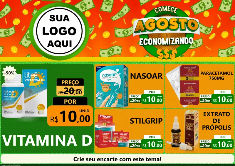Modelo de Encarte para Encarte A4 Horizontal com o tema Comece Agosto Economizando para Farmácia