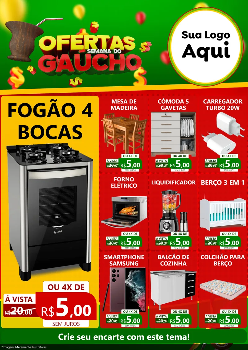 Modelo de Encarte para Encarte A4 Vertical com o tema Ofertas Semana Do Gaúcho para Móveis e Eletro