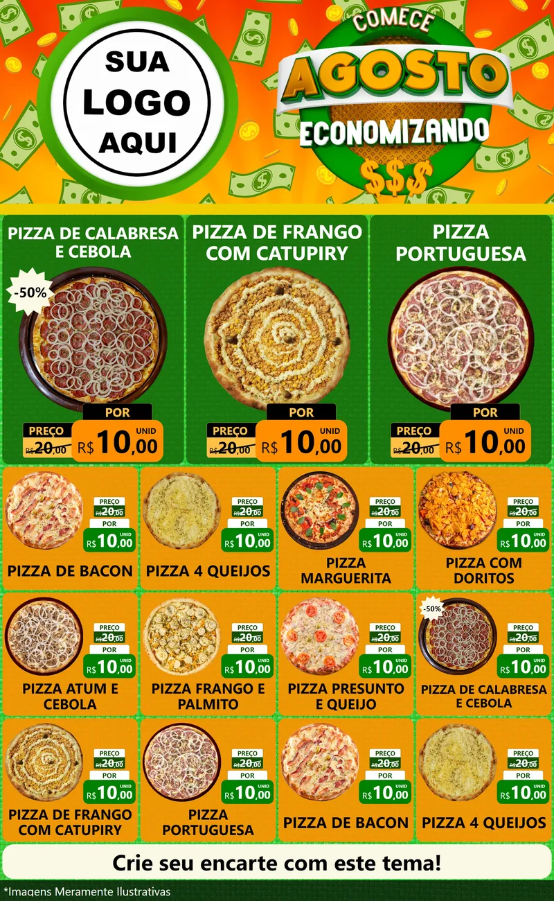 Modelo de Encarte para Encarte Grande com o tema Comece Agosto Economizando para Pizzaria