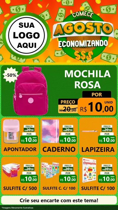 Modelo de Rede Social para Stories com o tema Comece Agosto Economizando para Papelaria
