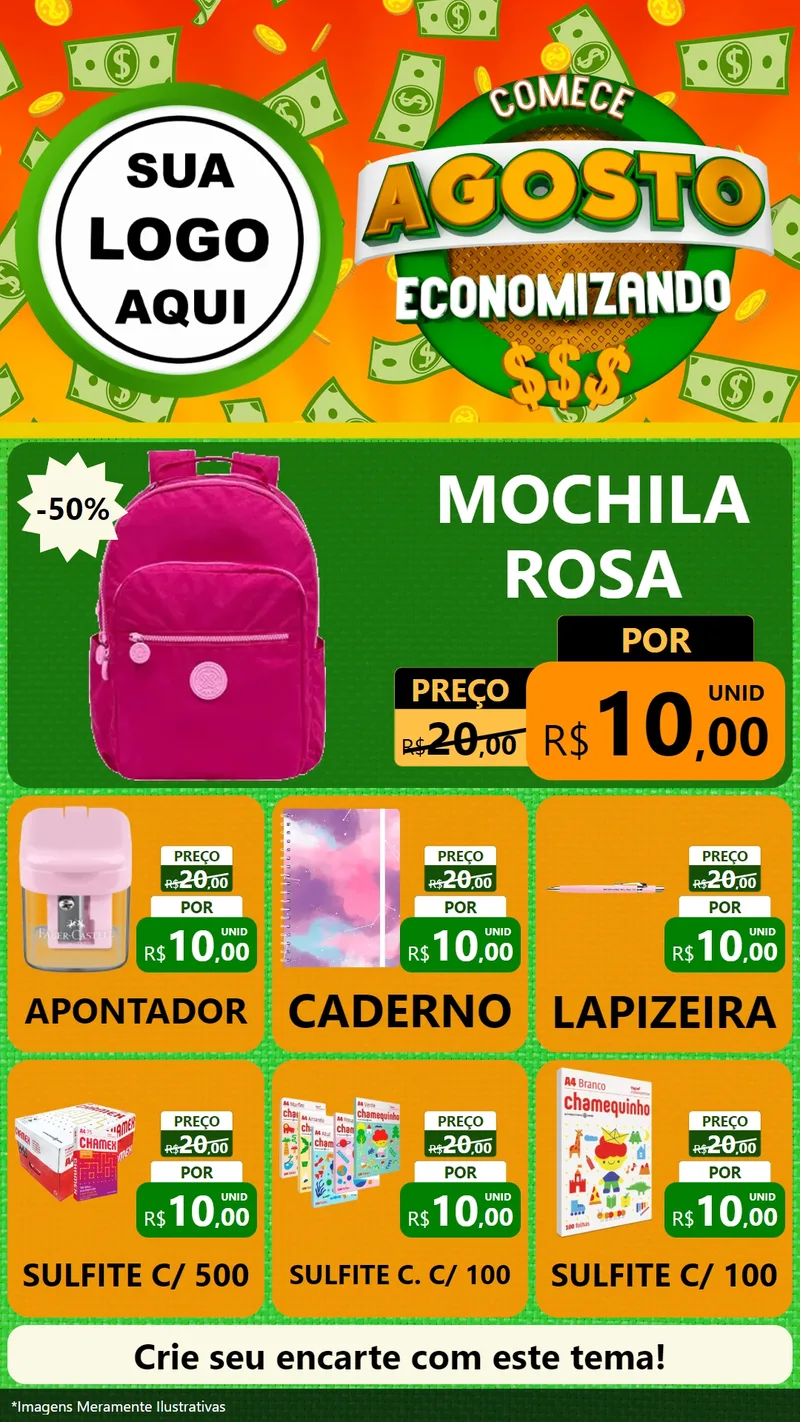 Modelo de Rede Social para Stories com o tema Comece Agosto Economizando para Papelaria