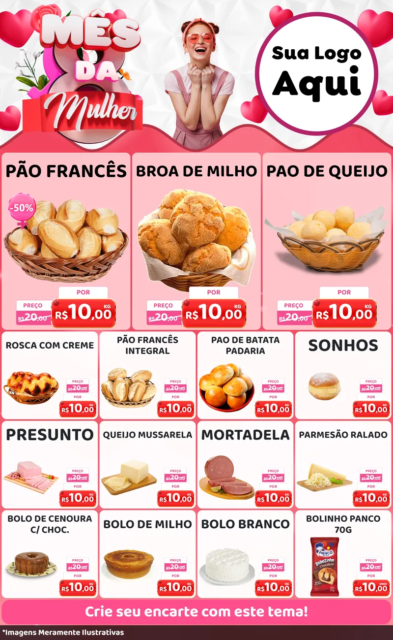Modelo de Encarte para Encarte Grande com o tema Mês da Mulher para Padaria