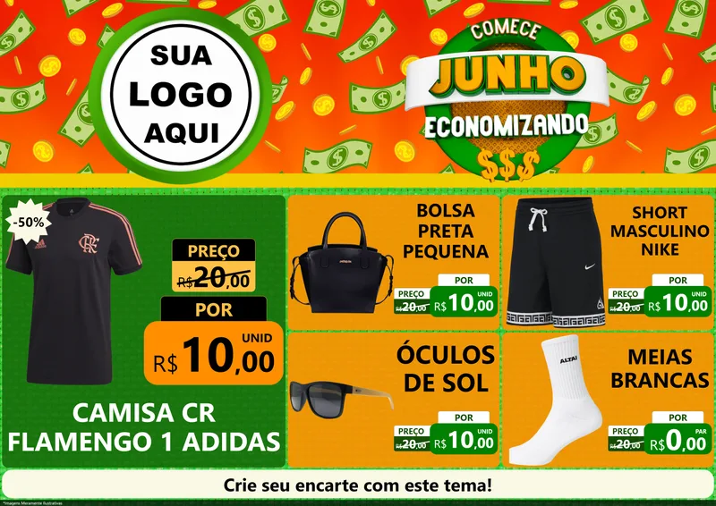 Modelo de Encarte para Encarte A4 Horizontal com o tema Comece Junho Economizando para Roupas e acessórios