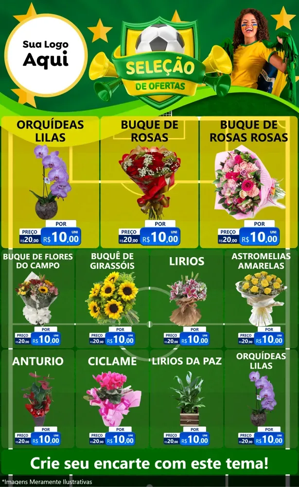 Modelo de Encarte para Encarte Grande com o tema Seleção de Ofertas - Copa para Floricultura e jardim