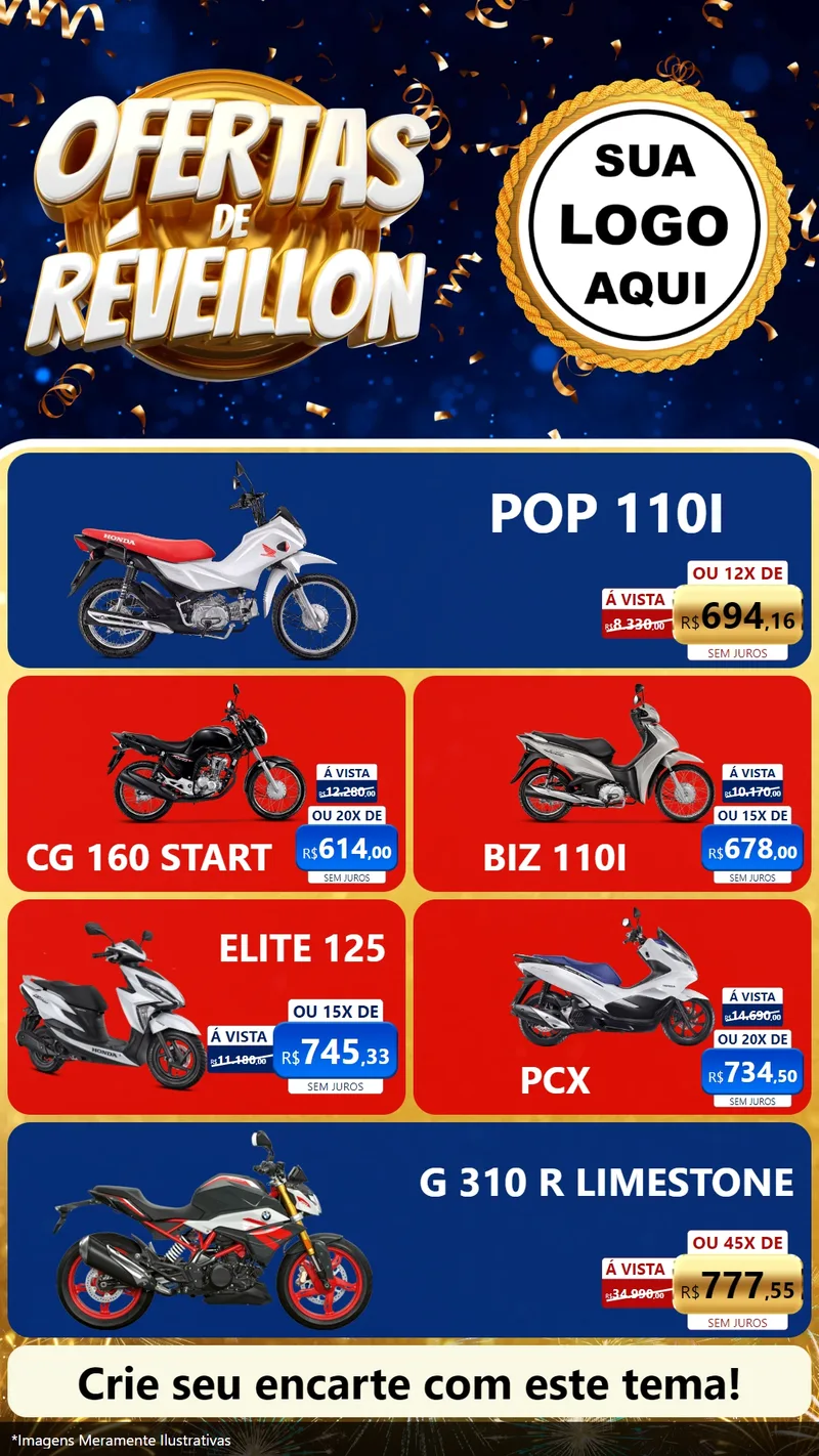 Modelo de TV para TV Vertical com o tema Ofertas de Réveillon para Concessionaria de Motos
