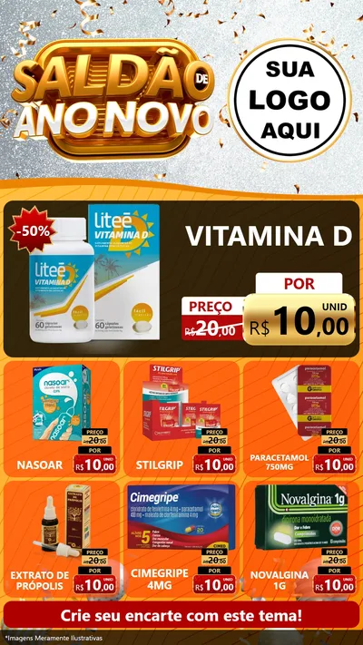 Modelo de Rede Social para Stories com o tema Saldão de Ano Novo para Farmácia
