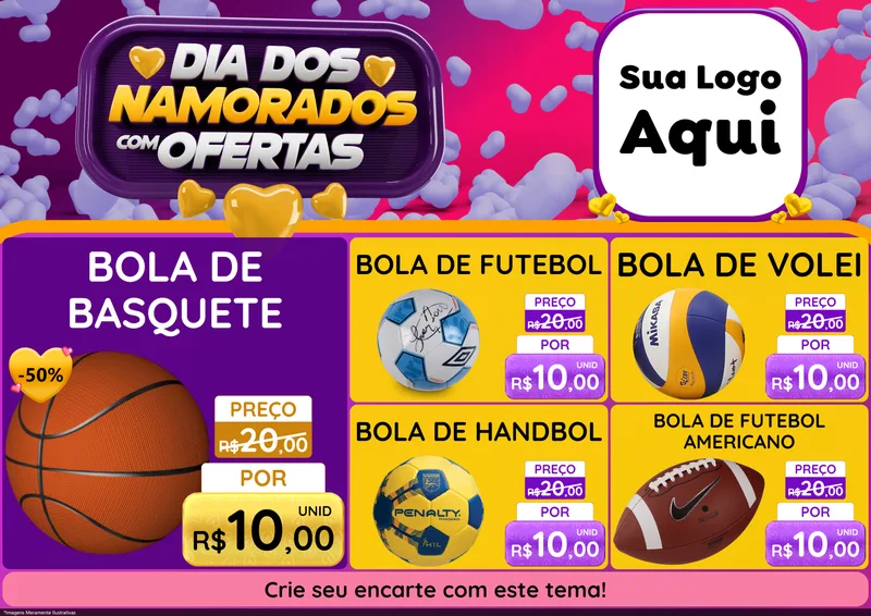 Modelo de Encarte para Encarte A4 Horizontal com o tema Dia Dos Namorados Com Ofertas para Artigos Esportivos