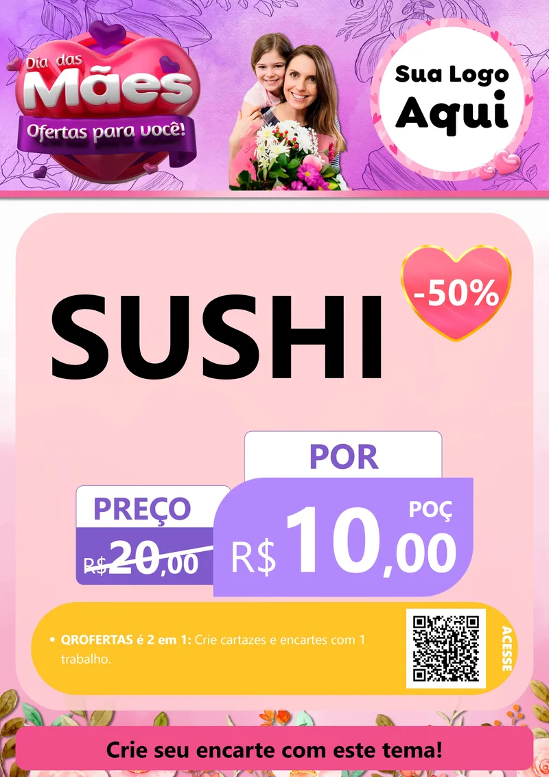 Modelo de Cartaz para Cartaz A4 Vertical com o tema Dia das Mães Ofertas para Você! para Comida japonesa
