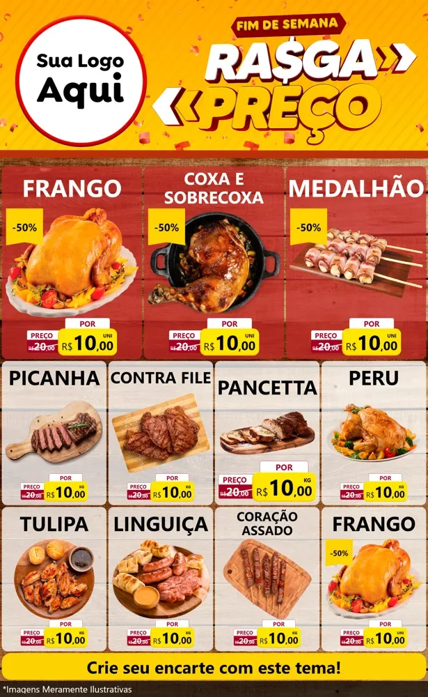 Modelo de Encarte para Encarte Grande com o tema Fim de Semana Rasga Preços para Assados