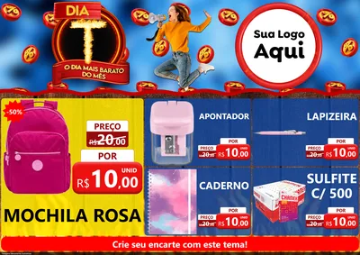 Modelo de Encarte para Encarte A4 Horizontal com o tema Dia T - O Dia Mais Barato Do Mês para Papelaria