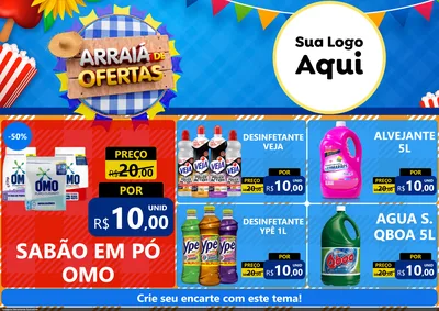 Modelo de Encarte para Encarte A4 Horizontal com o tema Arraiá de Ofertas para Produtos de Limpeza