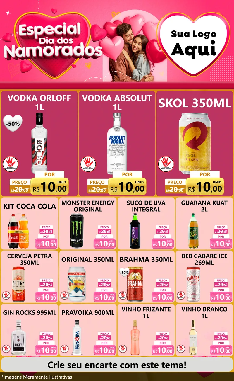 Modelo de Encarte para Encarte Grande com o tema Especial Dia dos Namorados para Distribuidora de bebidas