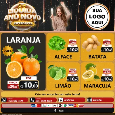 Modelo de Rede Social para Feed Facebook com o tema Liquida Ano Novo Imperdível para Hortifrúti